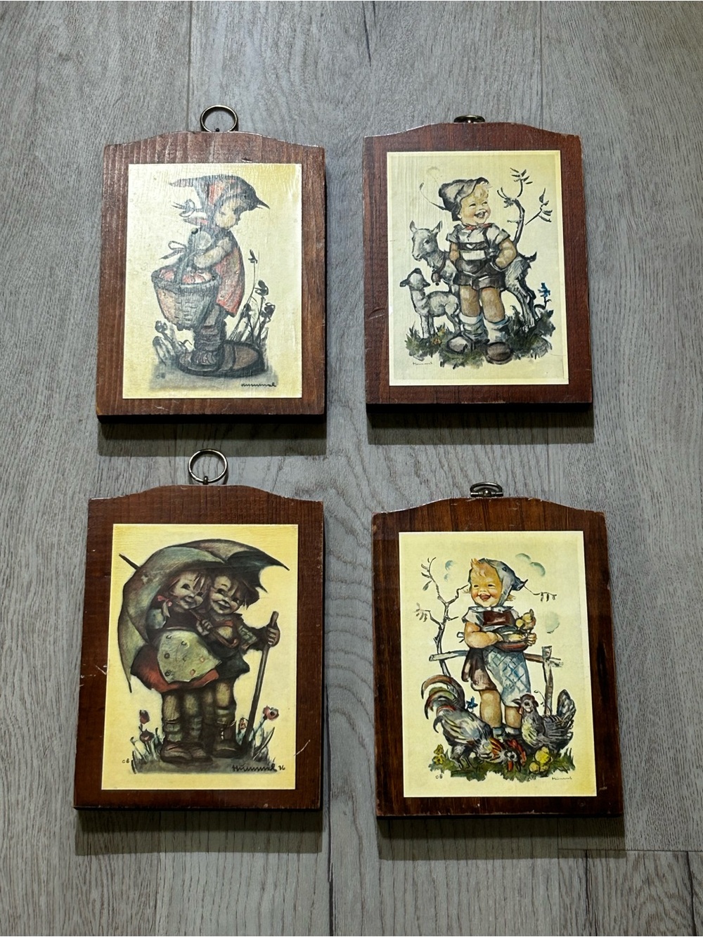 Vintage Style Hummel-Inspired Wood Plaque Set in Warm Brown and Cream Tones